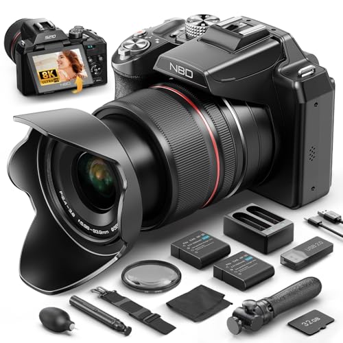 NBD 8K Digitalkamera 64MP, Autofokus, 16x optischer Zoom + 48x Hybridzoom | 2,8 Zoll 180° Klappdisplay, WLAN, Mikrofon, 2 Akkus, 32GB Karte, Mikro-HDMI, PASM-Modi, Reisen, Vlogging