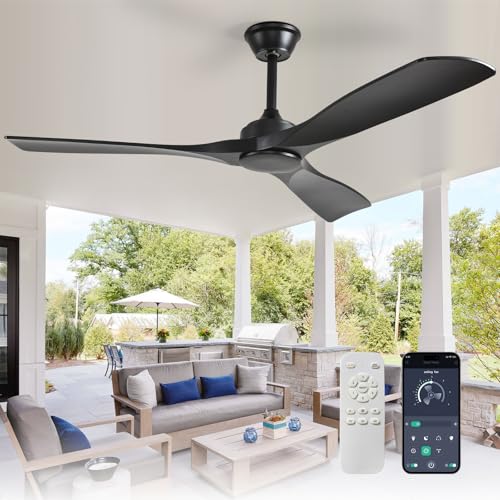 Depuley Leise Deckenventilator ohne Licht für Außen: 132CM Ventilator mit Fernbedienung und APP für Terrasse Garten - Groß Deckenventilator, Reversibler DC Timer für Schlafzimmer, Wohnzimmer, Schwarz