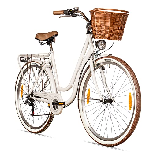 Bergsteiger Marseille 28 Zoll Damenfahrrad, ab 150 cm, Korb aus Rattan, Fahrrad-Licht, Damen-Citybike, Damenrad im Retro-Design«, 6 Gang Tourney Schaltung, Kettenschaltung