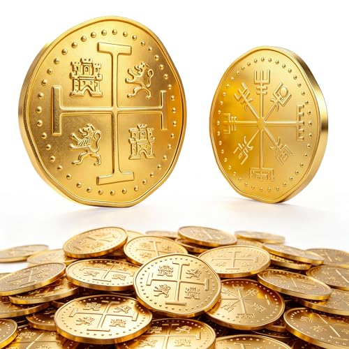 Byhoo Metall Piratenmünzen, 30 Gold Schatzmünzen Set, Metall Replik spanische Dublonen, Piratenschatztruhe Münzen Token, realistische Geldimitation für Cosplay Dekoration Rollenspiel