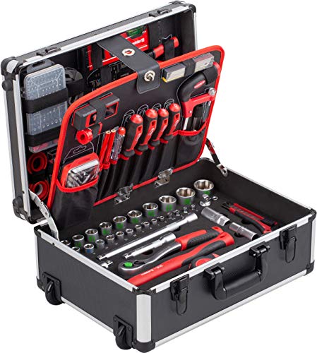Meister Werkzeugtrolley 238-teilig - Werkzeug-Set - Teleskophandgriff / Profi Werkzeugkoffer befüllt / Werkzeugkiste fahrbar auf Rollen / Werkzeugbox komplett, Schwarz/Silber, 8971480