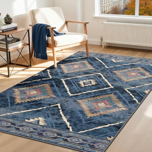 DEFYNEE Teppich Wohnzimmer 120x180 cm Wohnzimmerteppich, Waschbarer Teppich, Kurzflor (Florhöhe ca. 5,88 mm), rutschfest, Vintage & Boho Rug für Flur, Kinderzimmer, Schlafzimmer, Dunkelblau