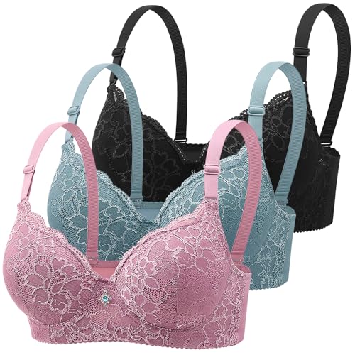 Klassische Spitzen BHS Damen mit Bügel 3er Pack Push Up BH mit Verstellbarem Bustier Komfort Nahtlos BH Set Gepolstert Sexy Trainings Schlaf Sport BH Unterwäsche Alltag Yoga Joggen