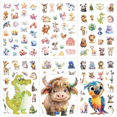 Tier Glitzer Sticker Kinder, 6 PCS mit Glitzereffekt Tiersticker, Aufkleber Holografische Tiere für Skateboards, Helme, Water Bottle, Tablets, Schultaschen, Kühlschränke, Fahrräder, Tischplatten