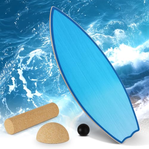 Vicye Balance Board Erwachsene & Surfing Balance Board Set – Holz Balanceboard mit Korkrolle, Halbkugel & Gummiball – Balance Trainer für Surfen, Snowboard, Skateboard – Rutschfeste Oberfläche