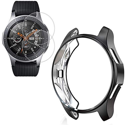 Miimall Kompatibel mit Samsung Galaxy Watch 46mm/Gear S3 Hülle mit Schutzfolie Glas, Ultradünne Weiche TPU Kratzfest Stoßfest Schutzhülle Bumper Case für Galaxy Watch 46mm/Gear S3 - Schwarz