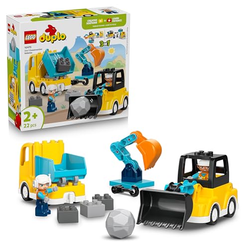LEGO DUPLO 3-in-1 Baufahrzeuge - Pädagogisches Montessori Spielzeug für Kleinkinder mit Lastwagen, Bagger und Radlader - Geburtstagsgeschenk für Jungen und Mädchen ab 2 Jahren - 10475