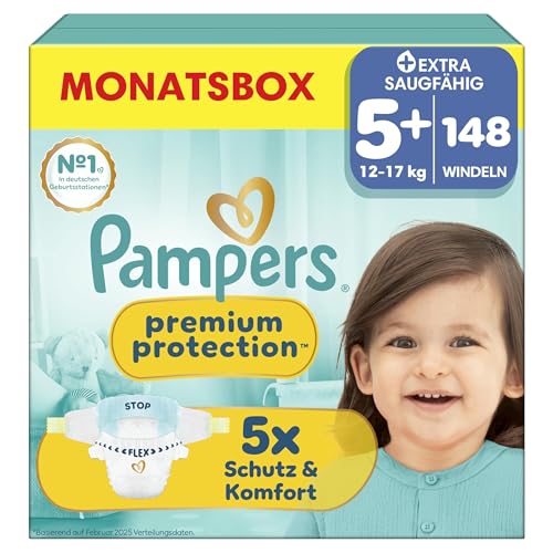 Pampers Premium Protection Größe 5+, 148 Windeln, 12kg-17kg, unser Nr. 1 Haut- und Auslaufschutz