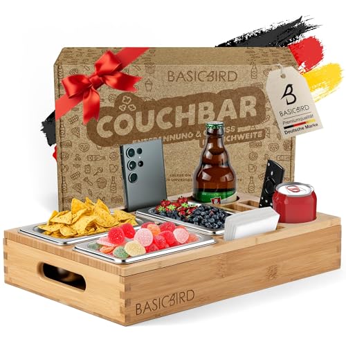 BASICBIRD® Couchbar Snackbox mit 3X Snackschale - Organizer Tablett - Snackspender - Holz Sofatablett für Sofa, Deko, Couch Bar mit Getränkehalter - Snackbox mit Fächern – Wohnmobilausstattung