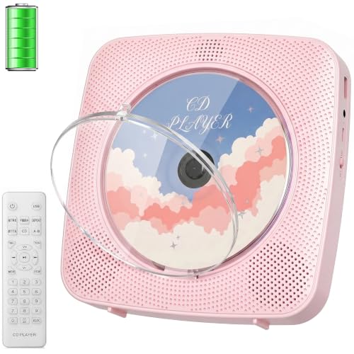 Gueray Desktop CD Player Bluetooth CD-Spieler mit Lautsprechern für Zuhause 1800mAh Tragbarer CD-Player mit AUX USB Kopfhörer Jack FM Radio mit Fernbedienung Staubschutz LCD Display für Kinder-Rosa
