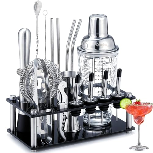 Cocktail Set, Ohuhu 17 Teiliges Cocktail Shaker mit Ständer, Premium Edelstahl Barkeeper Set, Cocktail Shaker Set Professionelles Cocktail Zubehör Geschenk Frauen Männer für Weihnachten Bar Party