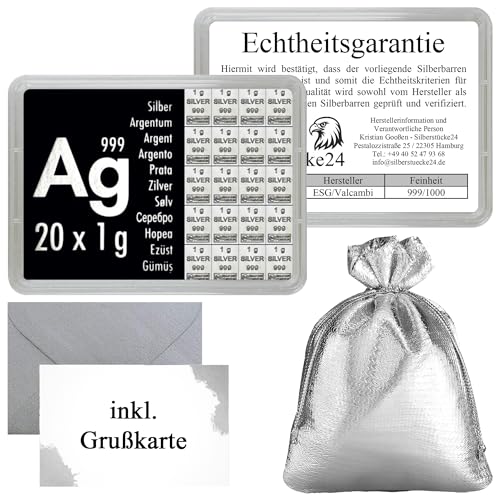 Silberbarren in Motivbox – Feinsilber 999 mit Echtheitsgarantie - CombiBar - Geschenkfertig mit Geschenkbeutel & Grußkarte – verschiedene Größen wählbar - Silberstücke24 (20g Silber)