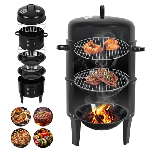 Peviasot 3 in 1 Smoker Räucherofen, Smoker Grill für Räuchern, Grillen & Kochen, Holzkohle Räuchergrill mit Thermometer, Deckel & Griff, 2 Ebenen Ø40×80 cm, BBQ Smoker für Garten, Balkon & Camping