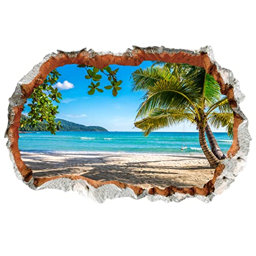 WandSticker4U®- 3D Wandtattoo BLICK AUFS MEER I Wandbild: 90x60 cm I Wandsticker Strand Palme Insel Poster I Wand Durchbruch Deko für Wohnzimmer Schlafzimmer Küche Flur Bad Aufkleber