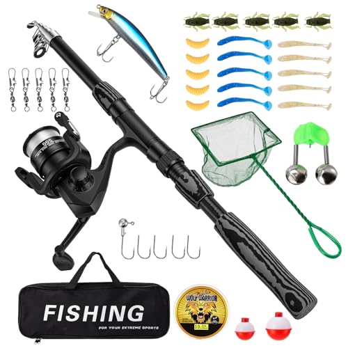 Teleskopangel 1,8m Set, Angelset Spinnrollen mit Angelrute Ködern Kescher Angelschnur Angelzubehör und Angel-Tasche Angel-Set komplett zum Angeln in Salzwasser und Süßwasser