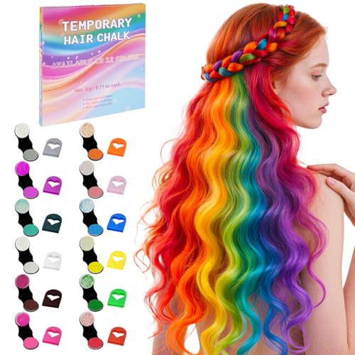 BUTBU Haarkreide für Mädchen Set, 12 Farben Auswaschbare-haarkreide für Kinder, Mitgebsel Kindergeburtstag, für Frauen-kinder Hochzeiten Make-Up Weihnachten Geburtstagsparty, Sicher & Sanft Geeignet