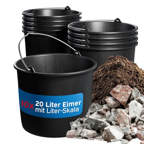 kör4u Baueimer 10er Set 20l schwarz mit stabilem Metall-Kopfbügel, runder robuster Mörteleimer aus LDPE - für Bau, Garten, Haushalt, und Handwerk