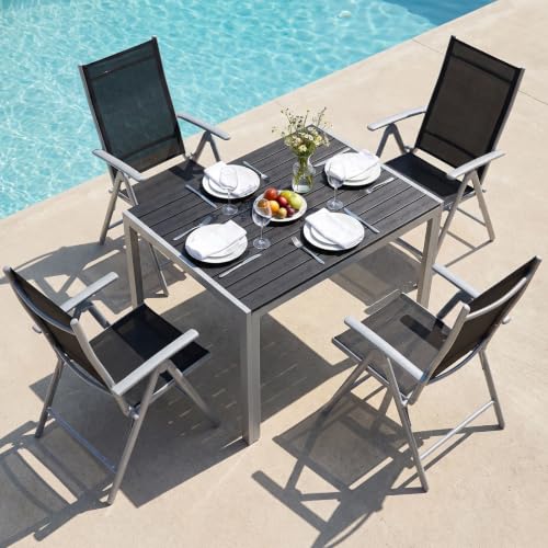 LIFERUN 5-Teiliges Gartenmöbel Set, Aluminium Balkonmöbel Set, 4pcs Verstellbare Hochlehner Klappstühle +110x70cm WPC Wetterfest Rechteckiger Terrassentisch,Essgruppe Sitzgruppe Outdoor, Silber Grau