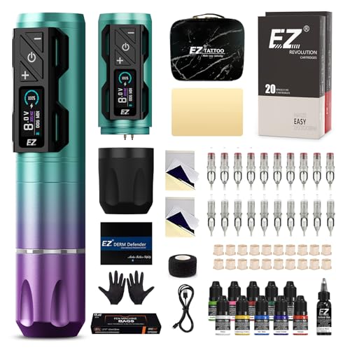 EZ Tattoo Set - Tattoo Maschinen Set mit Kabelloser Tattoo Maschine, 1800mAh Stromversorgung Akku, 20 Stück Tattoo Nadeln and 11 Farben Tinten für Tattoo Anfänger und Künstler (P2S Pro Violett Blau)