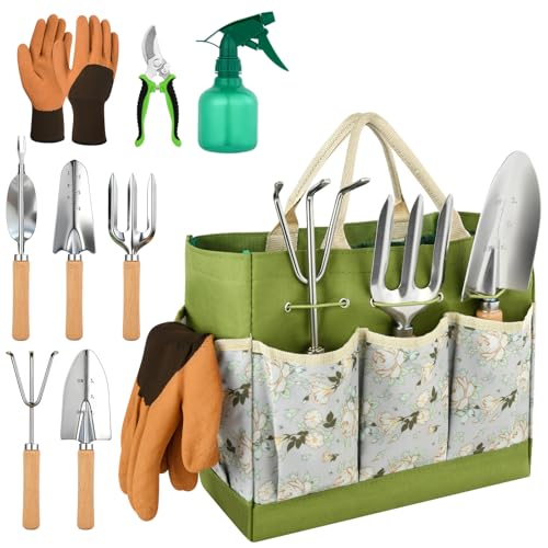 Adiwo Gartenwerkzeug Set, 9 Stück Garten Hand Werkzeuge mit Aufbewahrungstasche, Stabil Rost-Sicht Gartengeräte Set mit ergonomischem Griff, Ideale Gartengeschenke für Frauen und Männer