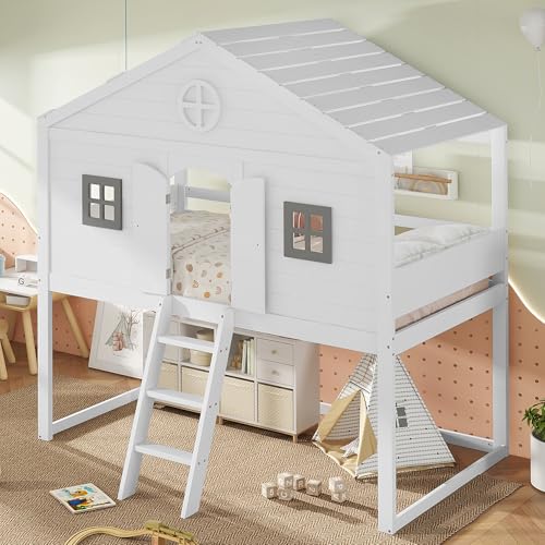 Merax Hochbett 90x200cm, Kinderbett Etagenbett mit Sicherheitsleiter, Rausfallschutz & Lattenrost, Hausbett mit Dach & Fenster, Platzsparendes Stockbett Jugendhochbett, Unterhaltungsbereich, Weiß