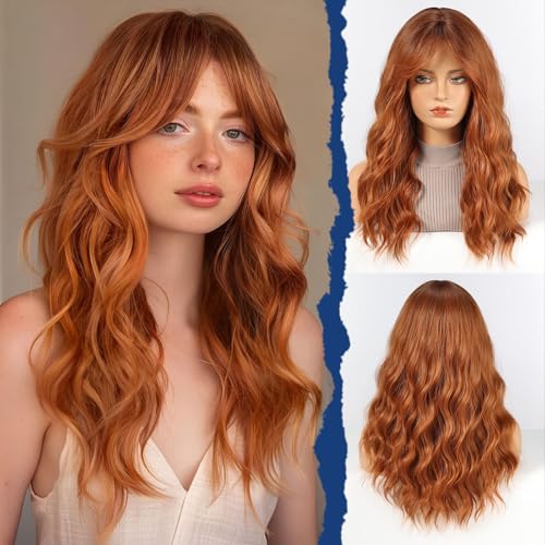 HAIRCUBE Damen Perücke,Auburn Perücke Lange Lockige Mit Pony Für Frauen,Natürliche Synthetische Haare,22 Zoll, Geeignet Für Halloween/Partys/Alltägliches Tragen.(Auburn)