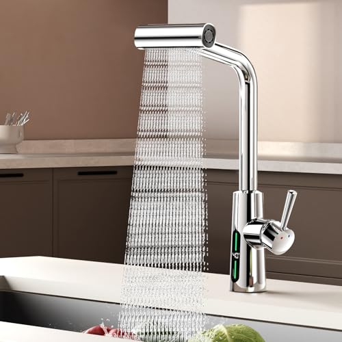 MIAOHUI Küchenarmatur Ausziehbar mit Temperaturanzeige, Einhebel Mischbatterie Küche, 4 Modi Wasserhahn Küche Ausziehbar, 360°Drehbarer Hochdruck Spülbeckenarmatur (Chrom)