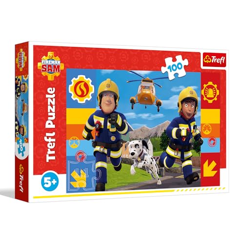 Trefl – Feuerwehrmann Sam, Immer hilfsbereiter Feuerwehrmann Sam – 100-teiliges Puzzle – Buntes Puzzle mit Märchenfiguren, für Kinder ab 5 Jahren