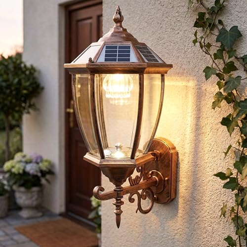 Arnusa Solar Außenwandleuchte im Vintage Klassisch Design – LED Gartenlaterne für die Wand kabellos, Warmweiß oder Kaltweiß wählbar, Dämmerungssensor, IP55 wetterfest Aluminium & Glas