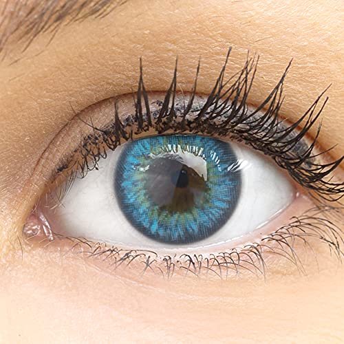 GLAMLENS Blaue Farbige Kontaktlinsen Fresh Blue Blau Sehr Stark Deckende SILIKON COMFORT NEUHEIT + Behälter - 1 Paar (2 Stück) - DIA 14.50 - Ohne Stärke 0.00 Dioptrien