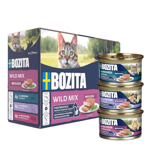 Bozita Mousse Wild Mix – 12x85g Nassfutter für Katzen in Mousse-Textur mit Rentier, Hirsch oder Wildschwein - getreidefrei, ohne Zuckerzusatz und Farbstoffe - mit Postbiotika unterstüzt die Darmflora