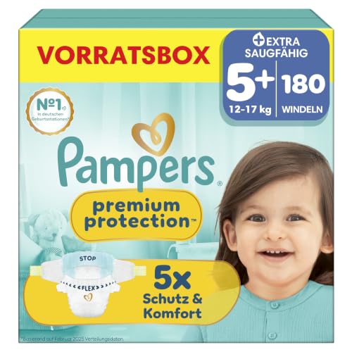 Pampers Premium Protection Größe 5+, 180 Windeln, 12kg-17kg