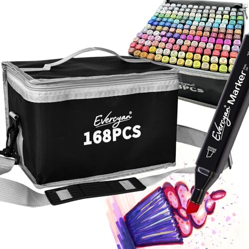 Evercyan 168 Alkohol Marker Set mit Gitter, Doppelspitziges Farben Alkoholmarker mit Tragbare Aufbewahrungstasche und verstellbarer Schultergurt, für Malerei, Skizzen, Design und Comic-Zeichnungen