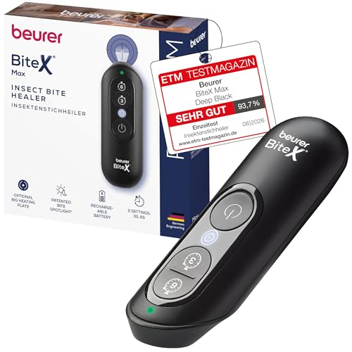 Beurer BiteX Max Deep Black Insektenstichheiler mit größerer Heizfläche, Mückenstich Hitzestift zur Behandlung von Insektenstichen- und bissen, elektronischer Stichheiler, mit Licht und Akku