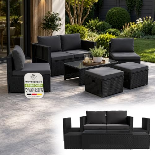 Juskys Polyrattan Gartenmöbel Set Salou - Outdoor Lounge wetterfest 6 Personen - Sitzecke mit Tisch & Kissen für Garten, Balkon, Terrasse - Schwarz