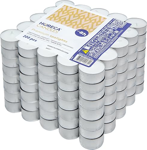 Horeca Candles - Teelichter 8 Stunden Brenndauer - Weiß - 200 Stück - Aluhülle - Kerzen zum Feiern, Deko, Hochzeit, Gastro, Party - Unparfümiert - Premium Qualitä