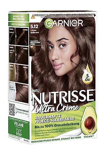 Garnier Nutrisse Crème Cool Browns, dauerhafte Pflege-Haarfarbe, 100% Grauabdeckung, 8 Wochen sanfte Farbe, 5.12 Kühles Hellbraun