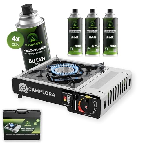 CAMPLORA Gaskocher + 4 Gaskartuschen + Tragekoffer mit Piezozündung - Campingkocher 2,2 kW - inkl. Sicherheitsabschaltung - Gaskocher Camping, Camping Kocher 1 flammig MSF-1a