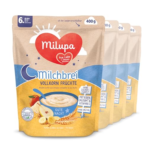 Milupa Milchbrei Vollkorn Früchte – Babybrei ohne Palmöl – Frei von Konservierungs- und Farbstoffen – Ab dem 6. Monat – 4 x 400 g