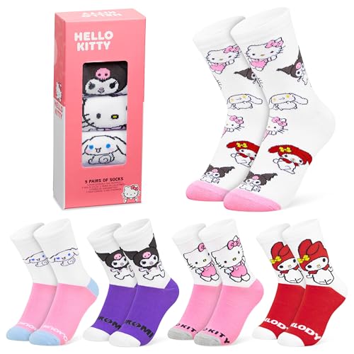 Hello Kitty Socken Damen Teenager Größe 35–41, 5er Pack, Weiche Lustige Damensocken, Sanrio Geschenke für Frauen & Fans
