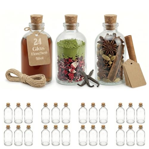 casavetro 24 Glasflaschen 50ml mit Korken – Kleine Flaschen zum Befüllen inkl. Etiketten & Jute-Schnur – Likörflaschen Glasfläschchen 50 ml für Gastgeschenke Hochzeit Deko DIY