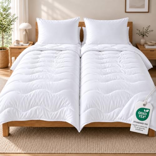 Bettenset 2X Bettdecke und 2X Kopfkissen = 4 teiliges Set Premium Weiss Allergiker Steppbett Steppbettdecke Bettwäsche 2X 135x200 cm & Kopfkissen 2X 80x80 cm Bezug 100% Polyester