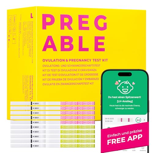 PREGABLE Pregable Combo Kit mit 50 Ovulationstests und 20 Schwangerschaftstests, kostenlose Tracker-App, App, OPKs, HPTs (50LH + 20HCG)