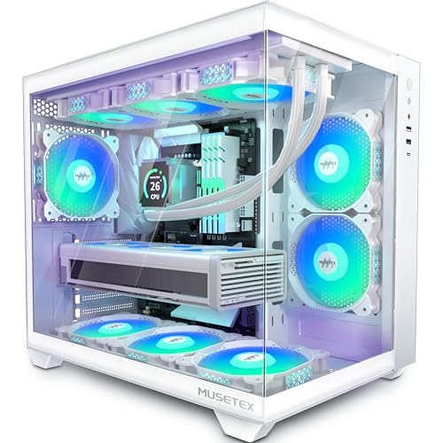 MUSETEX PC Gehäuse ATX,6 PWM ARGB Lüfter vorinstalliert,360MM Rad Unterstützung,Type-C Gaming Gehäuse,270° Full View Tempered Glass Mid Tower PC-Gehäuse,Reinweißes ATX Gehäuse,Y6