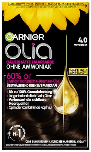 Garnier Olia Dauerhafte Haarfarbe ohne Ammoniak, Mit pflegenden und natürlichen Ölen, intensive Farbkraft, Vollständige Grauhaarabdeckung, Permanente Coloration, Nr. 4.0 Mittelbraun,1 Stück