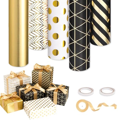 5 Rollen Geschenkpapier 43 cm × 3 m,Geschenkpapier Geburtstag, goldenes GeschenkpapierGold mit 1 Schleife und 2 Rollen Klebeband für Geburtstags-, Hochzeits- und Partygeschenkverpackung