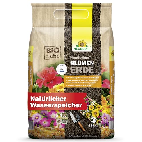 Neudorff NeudoHum BlumenErde 3L Bio - Torffreie Zimmerpflanzen Erde für Innen und Außen - fördert kräftige Blumen und viele Blüten