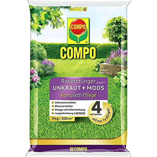 COMPO Rasendünger gegen Unkraut + Moos Komplett-Pflege Rasendünger mit Unkrautvernichter, Moosvernichter, 3 Monate Langzeitwirkung 9 kg, für 300m²