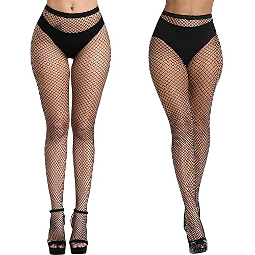 Aomig Netzstrumpfhose Schwarz, 2pcs Fishnet Stockings Strümpfe, Elastisch Hohe Taille Schenkelhohe Strümpfe Strumpfhosen, Mode Strumpfhosen Netzstrümpfe für Damen Alltagskleidung(mitte kleines netz)