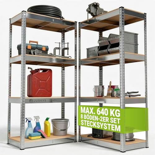 Juskys 2er-Set Lagerregal Easy 2X 160x80x40cm (HxBxT) | 640kg Traglast | 8 Böden | Metall Schwerlastregal Kellerregal Steckregal Regal Regalsystem Metallregal
